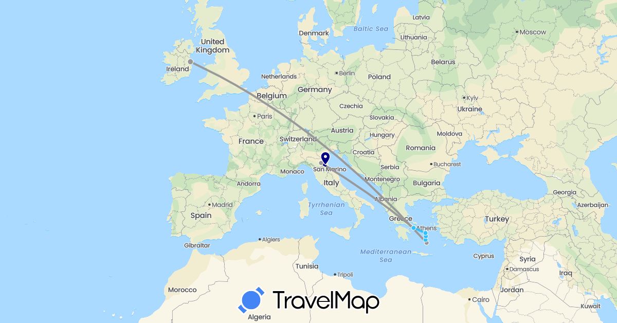 TravelMap itinerary: driving, plane, boat in Greece, Ireland, Italy (Europe)